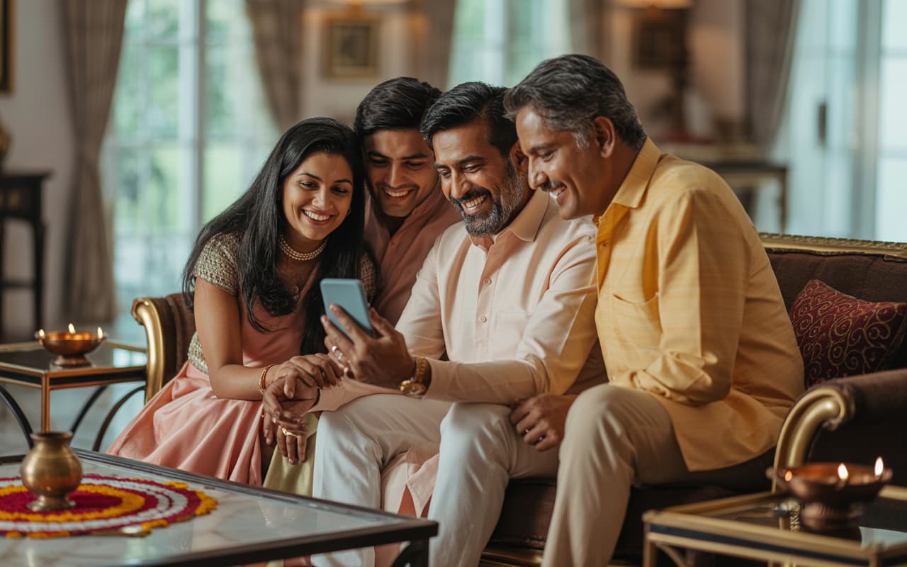 Happy Indian family looking at phone together